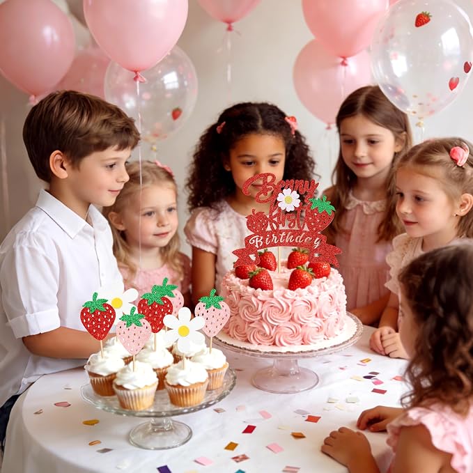 25Pcs Berry First Birthday Cake Topper Glitter Red Strawberry Cupcake Toppers White Flowers Cupcake Picks for Strawberry Baby Shower Boys Girls Birthday Party Cake Decorations