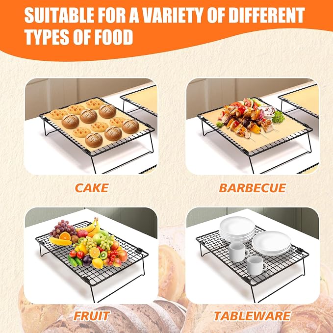 2-Tier Stackable Cooling Rack with Legs, 13"x 9" Nonstick Collapsible Wire Rack with 50 Pcs Parchment Paper for Baking Cookies, Cakes, Bread, Pizza