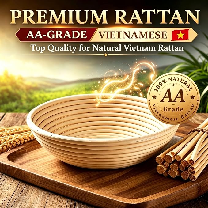 Banneton Sourdough Bread Proofing Basket, Premium AA-Grade, 9 Inch for Round, Boules Loaves, Vietnamese Banneton with Cloth Cover, Bread Lame Holder with 5 Blades