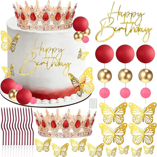 Crown Cake Topper, Red & Rose Gold Crown Balls Happy Birthday Cake Toppers Candles Butterfly, Corona Para Pastel, Crown Cake Decorations for Women Queen Princess (Rose Gold, Red)