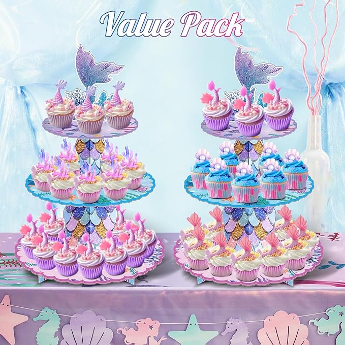 BACUTHY 2 Pack Mermaid Cupcake Stand Birthday Party Decorations, Under The Sea Supplies Favors with Mermaid Tail Toppers for Little Girl, Baby Shower