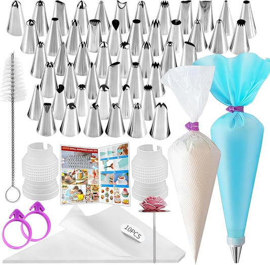 Piping Bags And Tips Set - 65pcs Cake Decorating Supplies Kit with 48 Stainless Steel Tips 12 Inch Reusable Silicone Pastry Bag 10 Disposable Piping Bags for Cupcake Cookie
