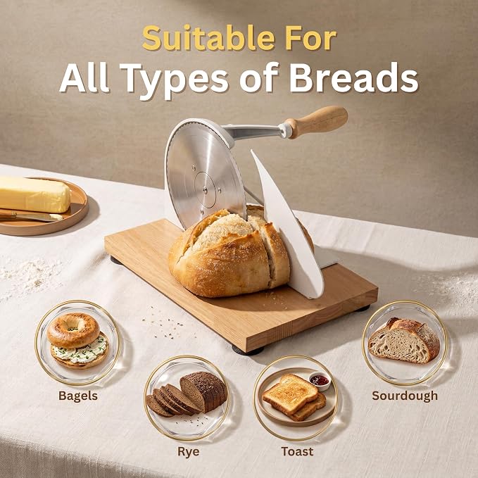 Bread Slicer for Homemade Bread – Adjustable Manual Bread Cutter for Sourdough Bread, Even Slices with Hand Crank, Serrated Blade, Scale Guide & Secure Base