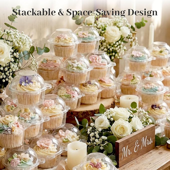 VGOODALL 120PCS Individual Cupcake Containers, 4.3 X 3.2 Inches Plastic Cupcake Holders With Lid for Wedding Baby Shower Birthday Party Supply