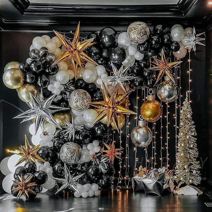 PartyWoo Black and Gold Balloon Arch Kit Garland 140pcs Different Sizes of 18 12 10 5 Inch Black Metallic Gold Confetti 22 Inch Star Balloons for Graduation Birthday New Year's Eve Party Decorations