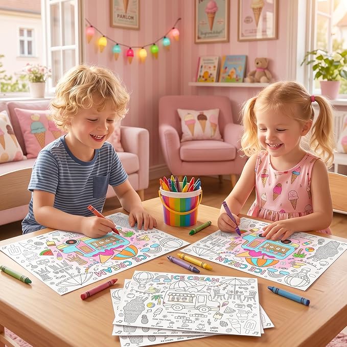 45pcs Ice Cream Disposable Coloring Placemats Summer Crafts for Kids Birthday Party Favors Coloring Poster Cone Sundae Sprinkles Sweet Treat Activity Church Supplies Paper Table Mats
