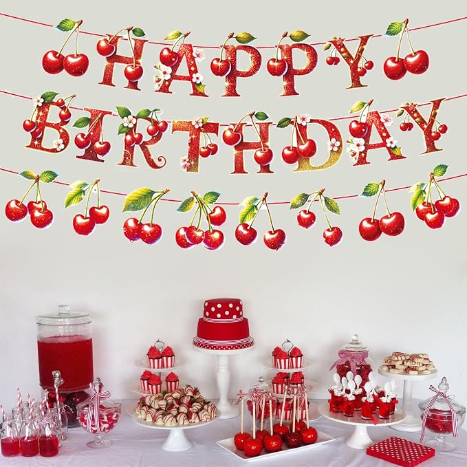 Zwiebeco Cherry Happy Birthday Party Decoration Banner Bunting Garland Hanging Paper for Sweet Girls Women Summer Fruit Themed Baby Shower Accessories Supplies