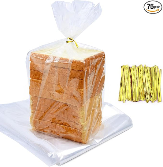 Homrelaxy 75Pcs Plastic Bread Bags for Homemade Bread and 90 Ties, 18 x 8 x 4 Inch Reusable Clear Loaf Bags, Adjustable, Perfect for Home Bakers and Bakeries