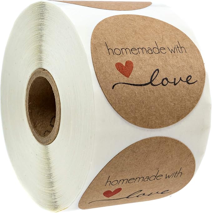 2" Brown Kraft Homemade with Love Stickers/Roll of 500 Crafting Labels / 2 Inch Diameter Round Canning Crafting Project Label/Made in The USA
