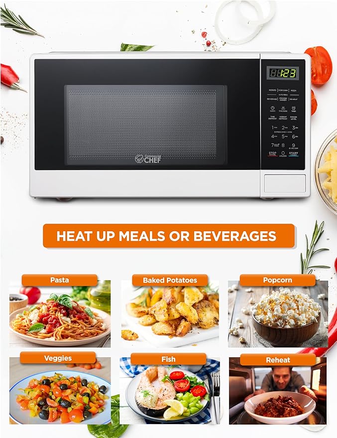 Commercial Chef 1.1 Cu. Ft. Countertop Microwave Oven, Touch Controls with Digital LED Display, 1100W Microwave, Push Button Door, 10 Power Levels, CHCM11100W, White