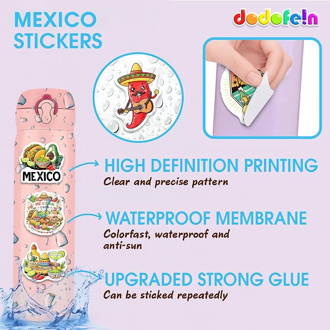Mexico Stickers 50PCS – Waterproof Vinyl Mexican Decals for Water Bottles, Laptops, Journaling – Non-Repeating Decals, High-Definition Print Gift for Womens