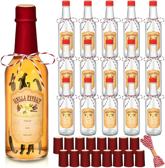 Tioncy 16 Pcs Vanilla Extract Bottles for Homemade Vanilla Jar Glass Bottle with Cap, Shrink Band, Sticker Syrup Gift Food Storage Canister for Bean Sauce Spice(Red,8.5 oz)