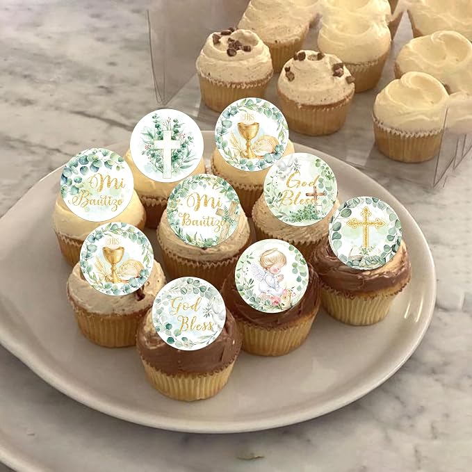 64 PCS Edible God Bless Cupcake Toppers Angel Bi Bautizo Cupcake Picks Edible Greenery Leaves Baptism Cross First Communion Cake Decorations for God Bless Theme Baby Shower Birthday Party Supplies