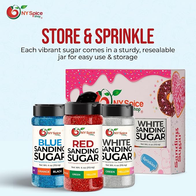NY Spice Shop 4th Of July Sanding Sugar - Red White & Blue Sweet Colorful Edible Sprinkles - USA Themed Sanding Sugar For Independence Day Baking - Fourth Of July Party Supplies - 4 Ounce (Pack of 3)
