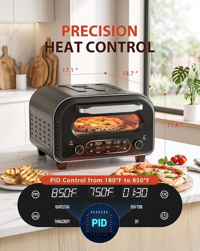Countertop Electric Pizza Oven, 850°F, for Home Pizza Nights | 90-Second 12 Inch Pizza, PID Top & Bottom Temp Control, Dual Knobs for Time & Temp, Always-On Light