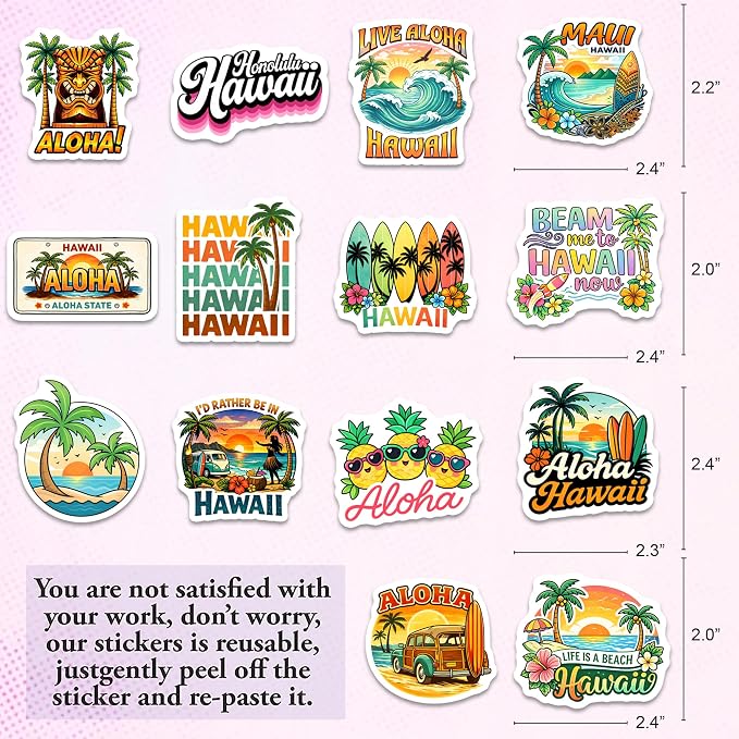Hawaii Beach Stickers – Waterproof Vinyl Aloha Tropical Vacation Decals for Water Bottles, Laptops, Journaling – Non-Repeating Decals, High-Definition Print Gift for Womens (50PCS)