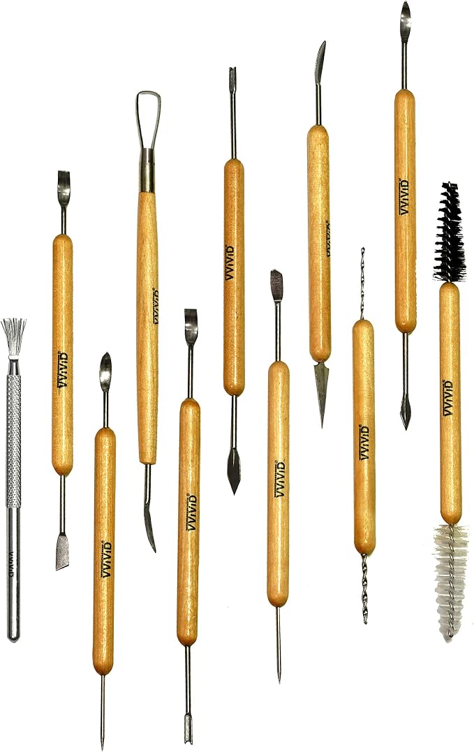 VViViD Sculpt Double-Ended 11-Piece Steel Tipped Wooden Handle Pottery & Clay Sculpting Hand Tool Kit