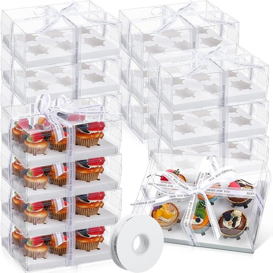 Dandat 24 Pack Clear Cupcake Boxes 6 Count Plastic Clear Cupcake Containers with Gift Ribbon Rectangle Bakery Cake Boxes Carrier Holder for Birthday Wedding Christmas Party