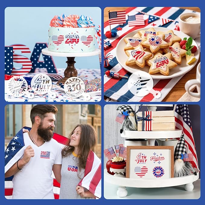 36PCS 4th of July Stencils for Painting,2.8" Cakes Cookies Templates Reusable for Baking,1776 American Independence Day Stencil for Flag Painting Dessert Coffee Patriotic Party Decoration