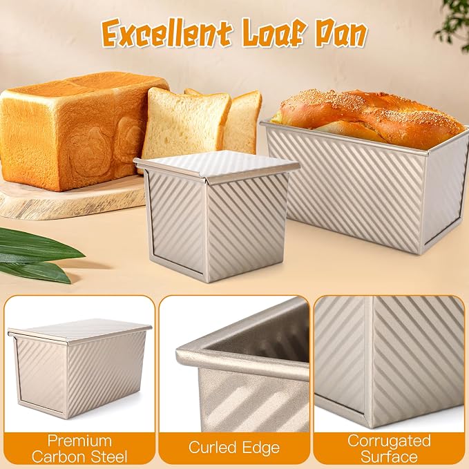 4 Pcs Pullman Loaf Pan with Lid, 1LB/0.8LB/0.5LB Dough Capacity Bread Loaf Pan, Non-Stick Bread Pan, Carbon Steel Sandwich Bread Loaf Pans for for Homemade Baking Sandwich, Bread, Sourdough