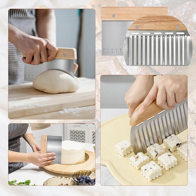 5 Pcs Bench Scraper, Bench Scraper Kitchen 2 Pcs Stainless Steel Dough Scraper with Wood Handle and 3 Pcs PP Food Scraper with Hanging Hole, Multipurpose Bread Dough Cutter for Baking-Yellow