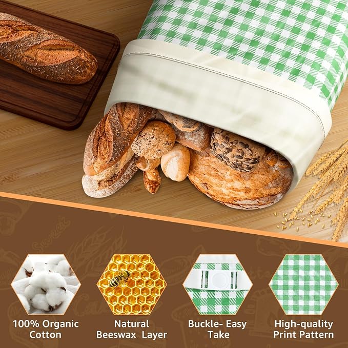 Large Beeswax Bread Bags for Sourdough, 13" W x 17" H Reusable Cotton Material, Ideal for Sourdough Bread Storage to Keep Fresh Lock Moisture Bread Boxes (2 Pack)