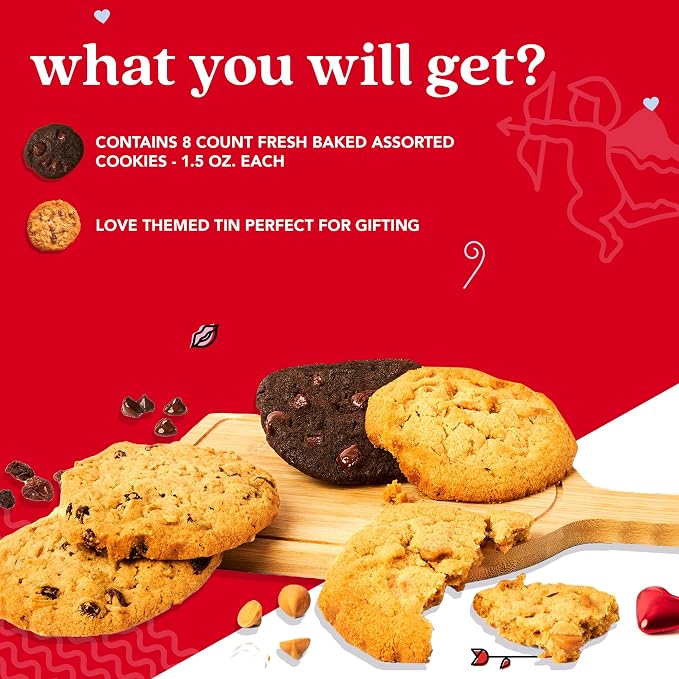 David’s Cookies Assorted Cookie in Love Gift Tin, Fresh Baked Gourmet Dessert Sampler, Chocolate Chunk, Peanut Butter Chip, Double Chocolate & Oatmeal Raisin, 8 Count