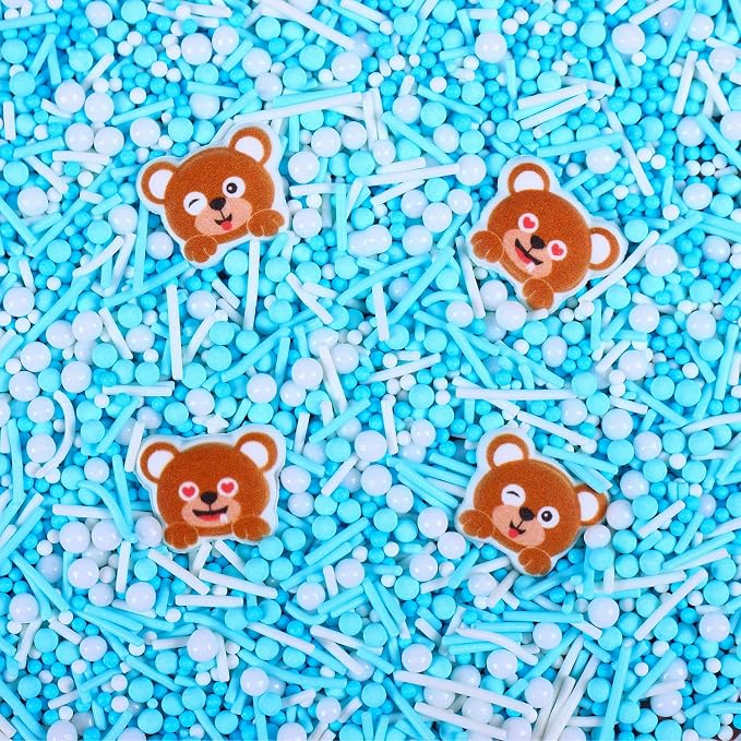 Edible Bear Cupcake Toppers, Blue White Sprinkles, Pearls, Jimmies Sprinkles, 4 pcs Edible Bear Cake Decorations for Baby Showers, Animal Theme, Birthday Party Decorative(3.5oz/100g)
