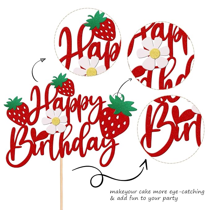 1 PCS Strawberry Happy Birthday Cake Topper with Glitter Flower Fruit Theme Birthday Berrry Cake Pick Decorations for Strawberry Theme Baby Shower Kids Birthday Party Cake Decorations Supplies