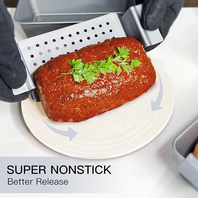 HONGBAKE Meatloaf Pan with Drain Tray, 9 x 5 Inches Loaf Pans with Insert, Nonstick Meat Loaf for Baking, Reduce the Fat and Kick Up the Flavor, Grey