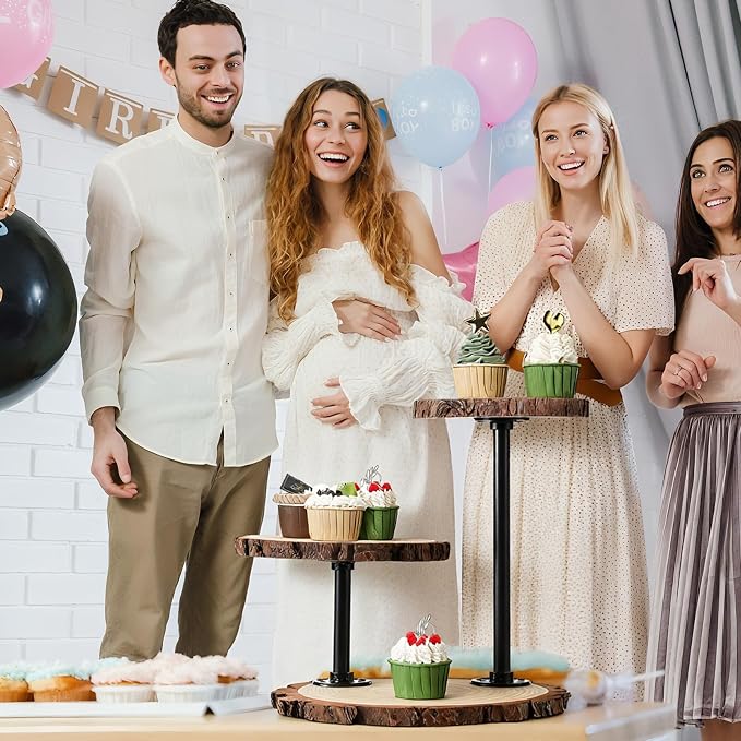 Chunful 3 Tier Round Natural Wood Cupcake Dessert Stand, Cup Cake Tower Stand Holder, Wooden Cake Display Tiered Centerpiece for Party, Birthday, Wedding, Baby Shower, Holiday Decoration