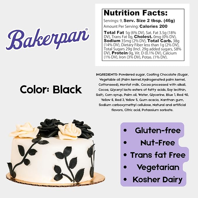 Bakerpan Chocolate Fondant and Modeling Chocolate Blend – Hybrid Fondant for Cake Decorating & Sculpting, Rolls Thin and Resist Cracking, Black - 1 Pound