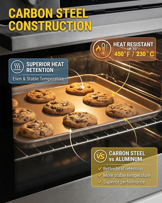 Heavy-Duty Nonstick Baking Sheet, 0.8mm Thick Warp-Resistant Cookie Sheets, Carbon Steel, 3 Pack Half Sheet Pan for Cookies and Pizza (Champagne Gold)