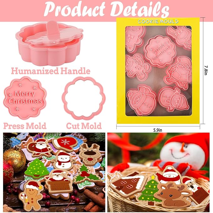 Roshtia 24 Pieces Christmas Cookie Cutters Stamps Mini Embossing 3D Plastic Cookie Stamps Snowman Santa Christmas Tree Reindeer Baking Mold for Xmas Winter Birthday Party Supplies