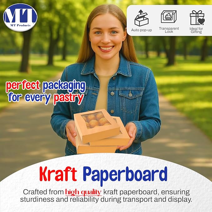 MT Products Kraft Cookie Boxes 8" x 8" x 2.5" - Auto Pop-Up Bakery Boxes with Window (Pack of 25) - Made in the USA