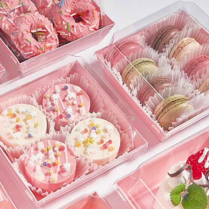 Ocmoiy 50 Pack Small Charcuterie Boxes with Clear Lids 4x4 Inch, To Go Disposable Paper Food Containers Bakery Treat Boxes for Desserts, Cake Slice, Cookies, Strawberries (Pink, 50)