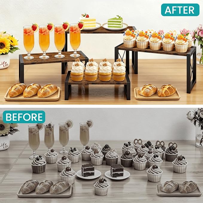 ELITEROO Wood Risers Display Stands Set of 4, Wooden 4 Tier Cupcake Stand, Tiered Riser for Vendors, Decorative Display Risers for Food Desserts Buffet Table at Party Wedding, Rustic Brown