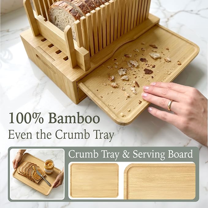 Bamboo Bread Slicer for Homemade Bread, Adjustable Cutter Guide with Crumb Tray, Storage Drawer and Serving Board, Compact Slicing Tool for Even Sourdough and Sandwich Loaf Cuts