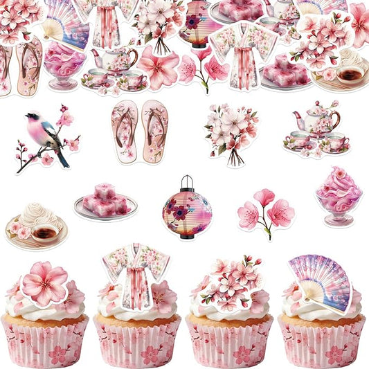 56PCS Edible Cherry Blossoms Cupcake Toppers Japanese Edible Cherry Flowers Tree Cake Picks Wafer Paper Cherry Cupcake Decors for Cherry Theme Party Cake Supplies