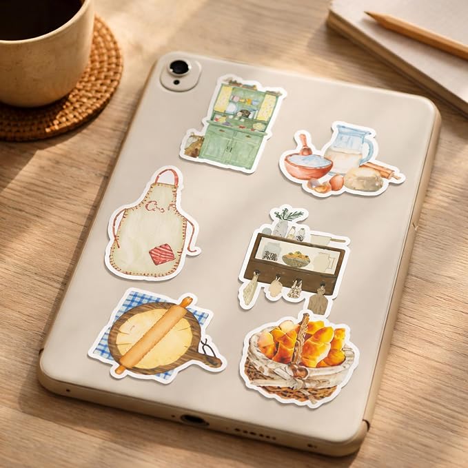 50 Pcs Bakery Stickers for Scrapbooking, Waterproof Vinyl Kitchen Tools Stickers for Laptops Water Bottles Journals, Cute Cooking Food Decals for Adults Teens Girls