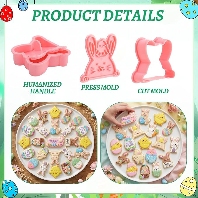 Jspupifip 16 Pcs Easter Cookie Cutters with Plunger Stamper,Happy Easter Mini 3D Cookie Stamper for Baking Bunny,Chick,Egg Fondant Cookies
