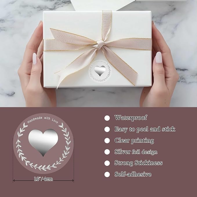 100 Pcs Handmade with Love Stickers, Transparent Foil Sticker, 1.6 Inch Round Self-Adhesive Seals for Gift Packaging, Small Business, Envelope & Thank You Cards (Sliver)