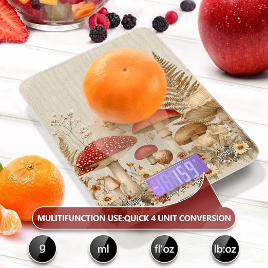 Food Scale Kitchen Scale for Baking Cooking Digital Food Weighing Measuring Scale Small Waterproof Electric Food Scale Watercolor Forest Mushroom Beige
