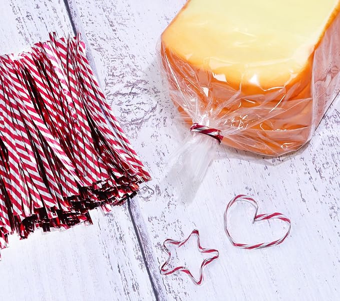 Mini Skater 4" Metallic Twist Ties Foil Bread Ties for Packaging Bakery Candy Goodies Cookies Gift Cellophane Treat Bags Christmas Wedding Party Favor Supplies,500Pcs (Red Stripe)