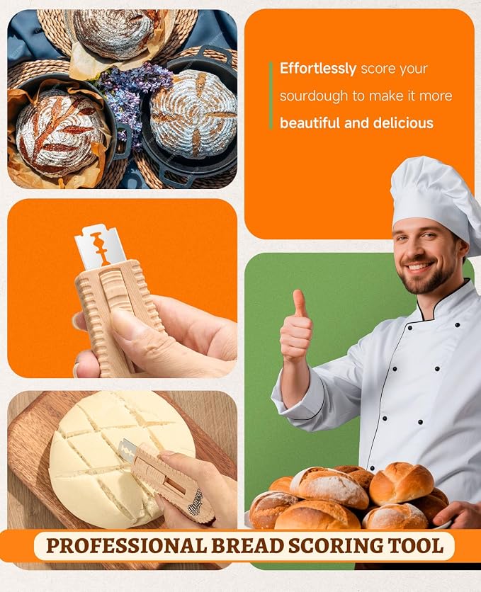 Sourdough Bread Lame, Magnetic Dough Scoring Tool with 5 Replaceable Blades, Ergonomic Handle for Easy Scoring, Ideal for Artisan Breads, Baguettes, and Bread Making Supplies (Wood)