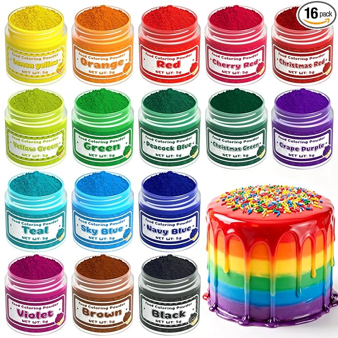 Food Coloring Powder - 16 Colors Vibrant Powdered Food Coloring, Concentrated Edible Dye Powder for Baking, Icing, Cooking, Cake Decorating, Cookies, Frosting - 5g/Bottle