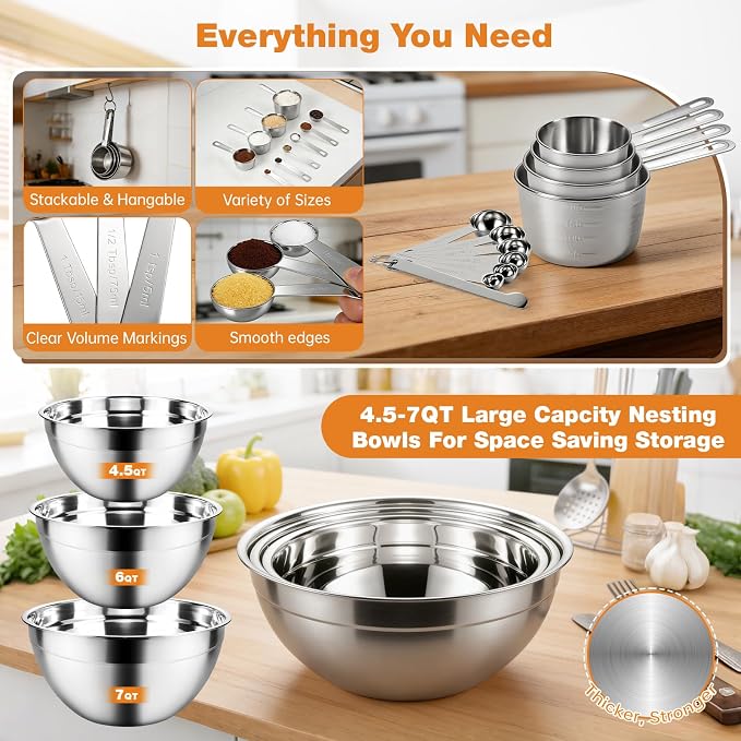 300W 5-Speed Electric Hand Mixer with 3 Thickened Nesting Mixing Bowls, Measuring Cups and Spoons, Complete Kitchen Cake Mixer with Paddle, Dough Hook and Whisk for Baking
