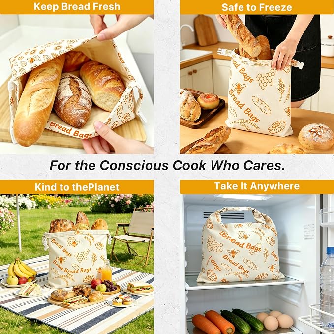 Reusable Beeswax Bread Bags Sourdough - Large Linen Bees Wax Bag for Storage Homemade Loaf - Cotton and Waxed Wrap Lined Container Lined for Sour Dough Fresh Food - Sealable Bread Keeper 2PK Set Gifts
