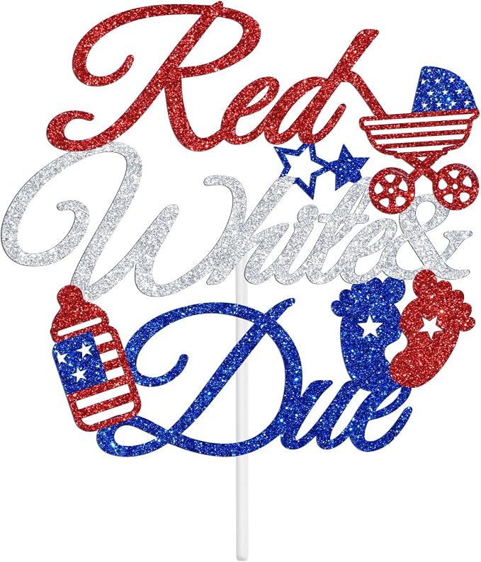 Red White & Due Cake Topper, 4th of July Baby Shower Cake Decor, A Little Firecracker is on the Way, American Independence Day Patriotic Gender Reveal Decorations Supplies for Boys Girls