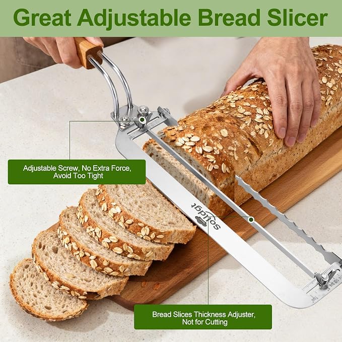Adjustable Bread Slicer for Homemade Bread - Upgrade Manual Sourdough Bread Knife with Thickness Guide, Bread Bow Cutter with Serrated Stainless Blade for Baguettes, Gift for Baker, Ambidextrous Use